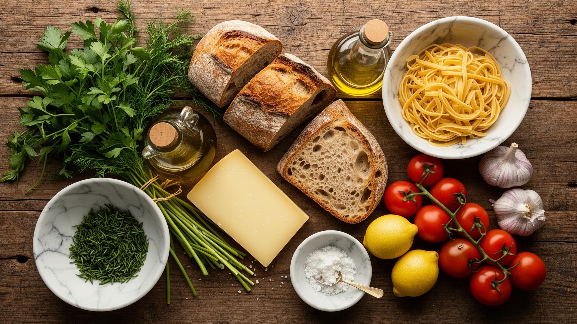 Overhead flatlay of bread, pasta, herbs, tomatoes and olive oil on a wooden table