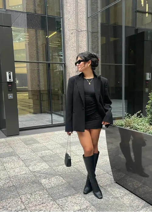 how-to-style-black-knee-high-boots-with-a-black-dress