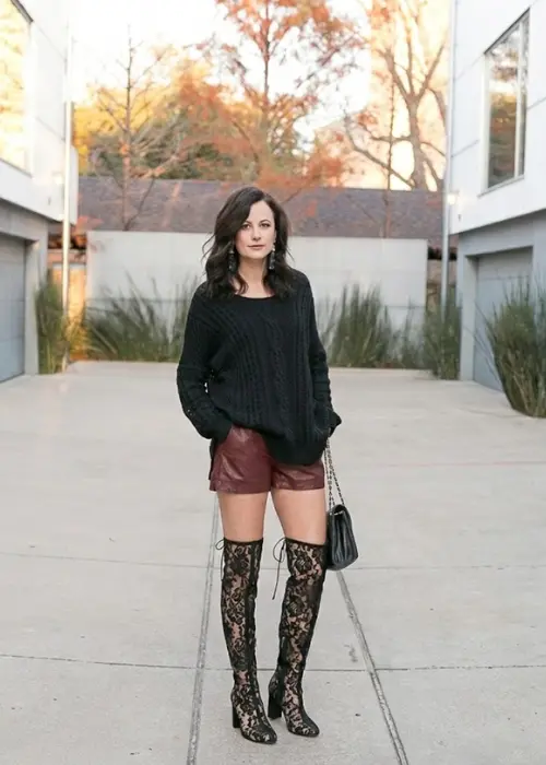 styling-black-lace-knee-high-boots-with-shorts
